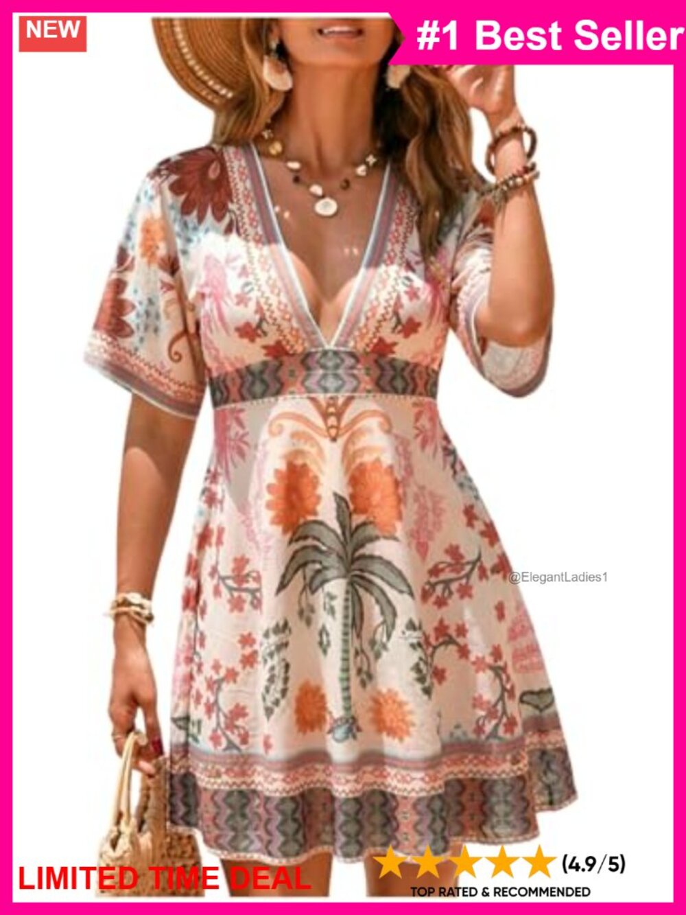 Women's V Neck Short Sleeve Floral Swim Coverup Beach Dress